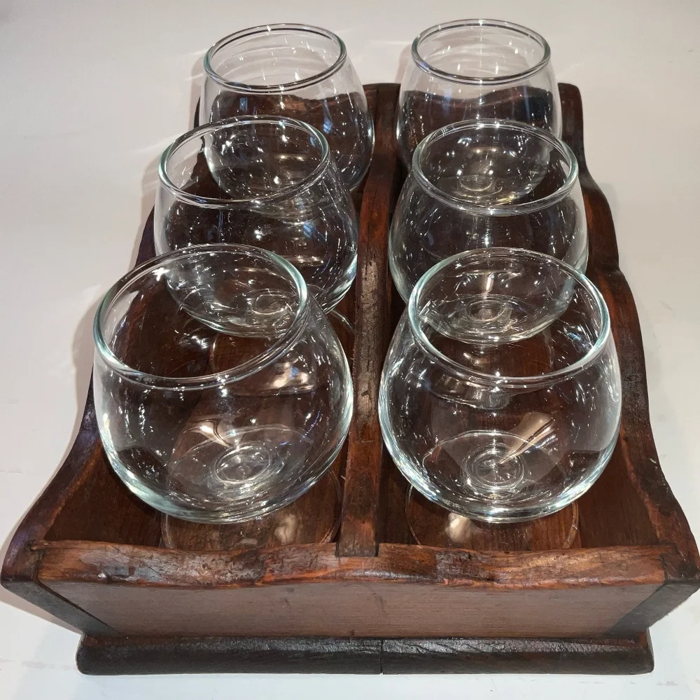 Vintage MCM Libbey Brandy Cocktail Glasses in Wooden Holder